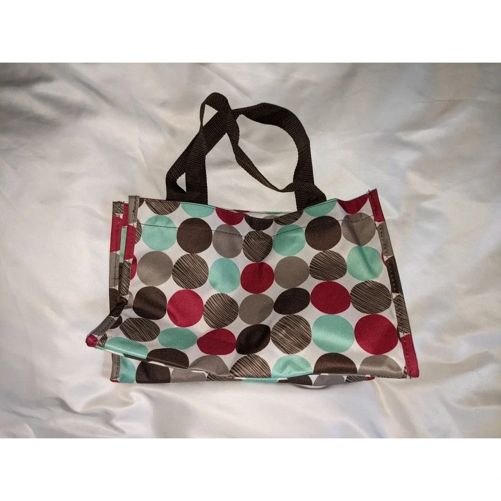 Thirty-One Small Tote Bag Polka Dot Red Teal Brown 12x8x5